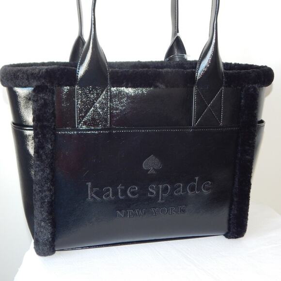 Kate Spade Jett Faux Shearling Patent Leather Embroidered Logo Large Tote NWT - Picture 7 of 16